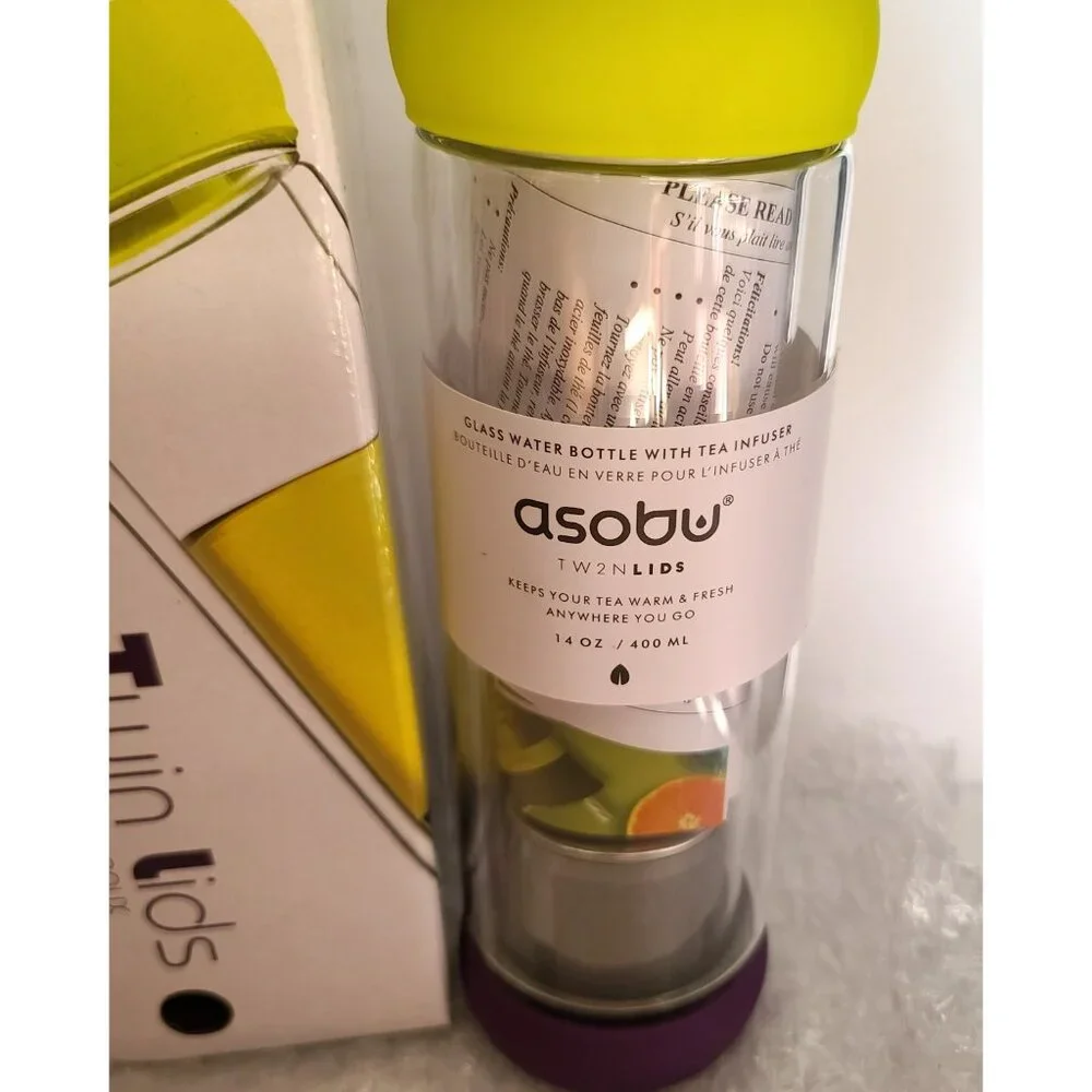 Asobu Twin Lids Glass Water Bottle With Tea Infuser 14 oz Double Walled NEW